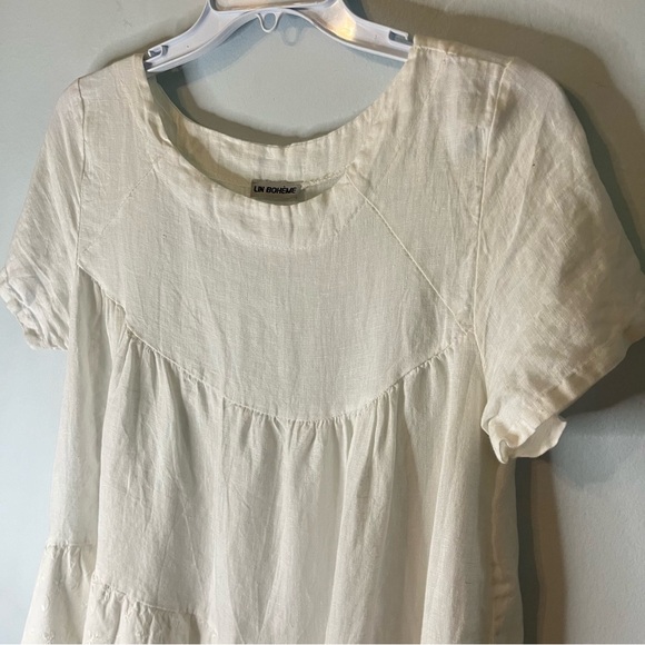 Aritzia Wilfred Lin Boheme 100% Linen Cream Babydoll Dress Tiered Eyelet Sz Med - Picture 9 of 11